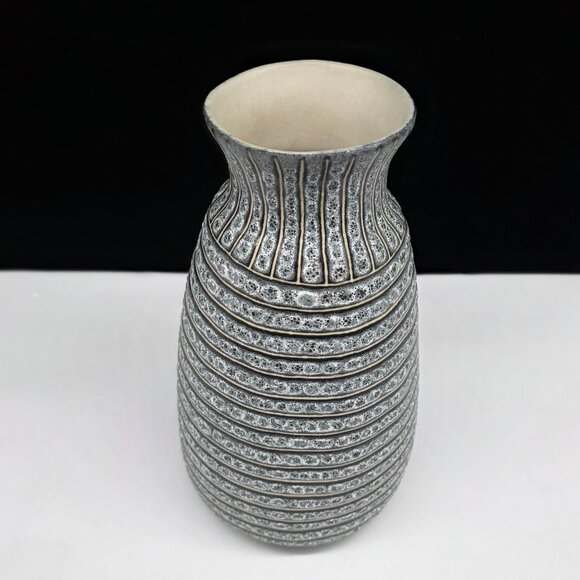 Handcrafted Ceramic Vase With Textured Striped Design Thailand 10" - Picture 2 of 7